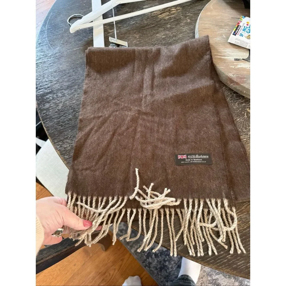 Brown Herringbone Scottish Cashmere Scarf NWOT